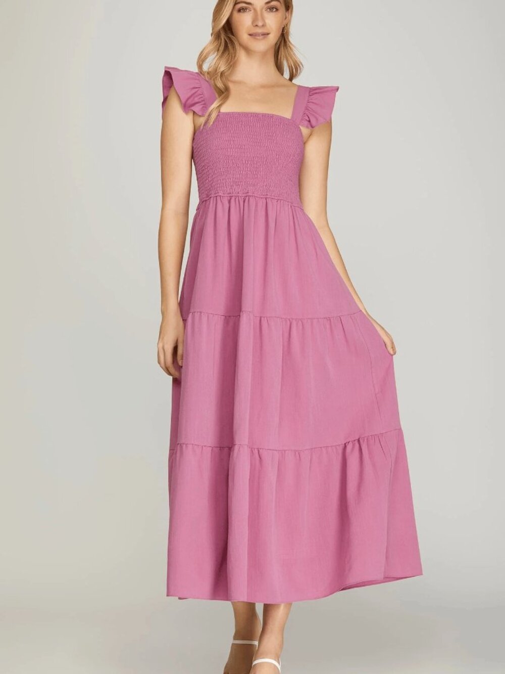 Pink Smocked Midi Dress with Ruffle Straps
